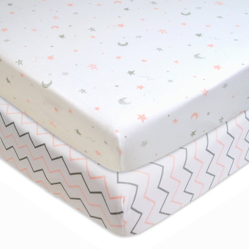 American Baby Company American Baby Company 2 Pack 100 Natural Cotton Fitted Mini Crib Sheets 38 x 24 Soft Breathable Small Nesting Portable Sheets Fits Pack N Play Mattresses Pink StarsZigzag for Boys Girls 
