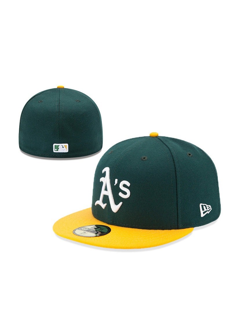 NEW ERA قبعة بيسبول مسطحة الحافة باللون الأخضر والأصفر لفريق أوكلاند أثليتيكس، 57.7 سم