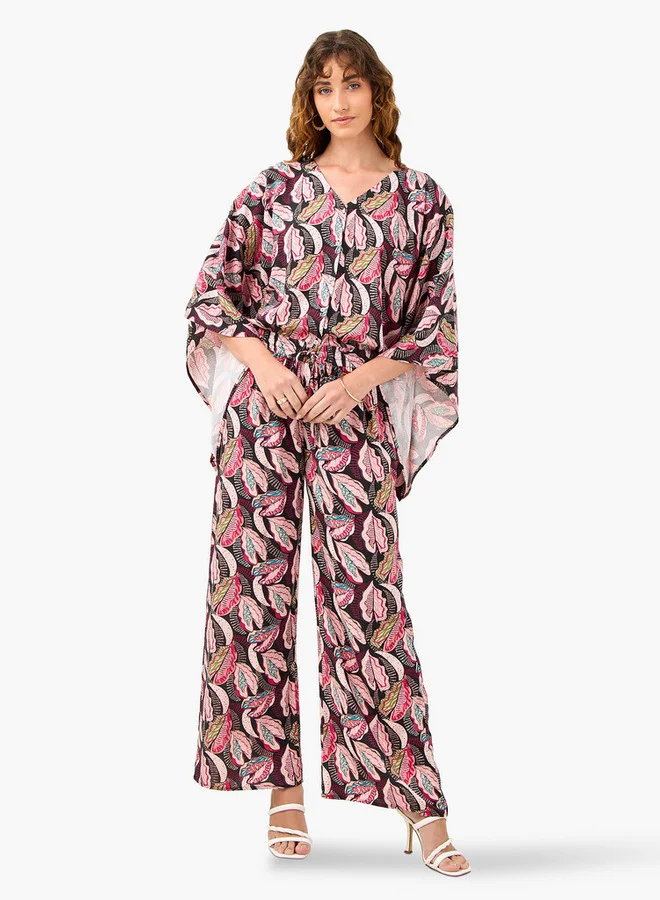 All-Over Print V-neck Top and Pants Set