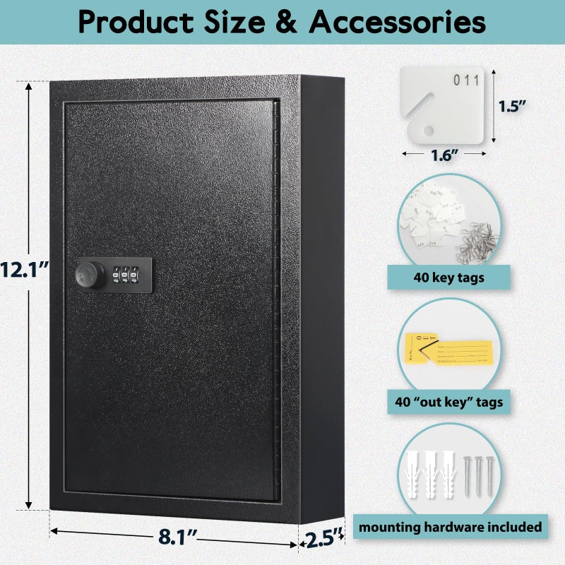 KYODOLED KYODOLED Locking Key Cabinet, 40 Key Storage Lock Box with Code, Key Box Wall Mount with Combination Lock, Key Hooks & Tags Key Labels, 2.5" D x 8" W x 12" H (Black,40 Key)  - Image 2