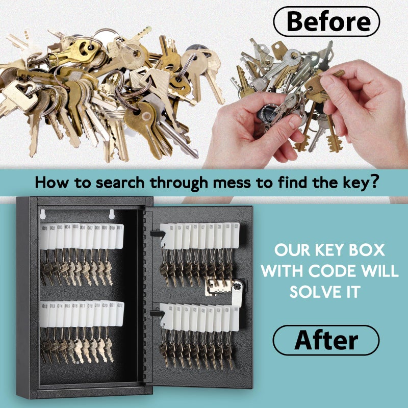 KYODOLED KYODOLED Locking Key Cabinet, 40 Key Storage Lock Box with Code, Key Box Wall Mount with Combination Lock, Key Hooks & Tags Key Labels, 2.5" D x 8" W x 12" H (Black,40 Key)  - Image 3