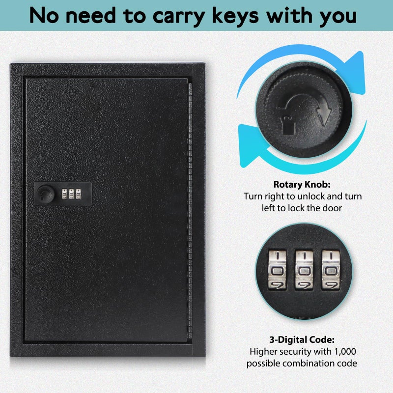 KYODOLED KYODOLED Locking Key Cabinet, 40 Key Storage Lock Box with Code, Key Box Wall Mount with Combination Lock, Key Hooks & Tags Key Labels, 2.5" D x 8" W x 12" H (Black,40 Key)  - Image 4