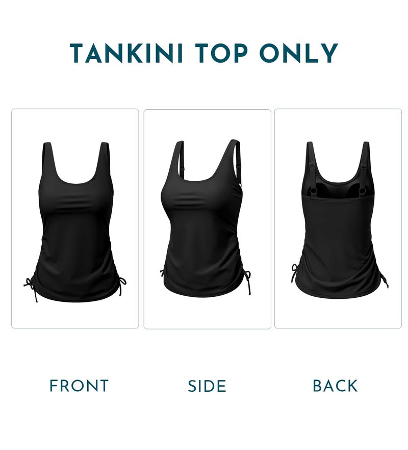 Aleumdr Womens Tankini Top Only Ruched Tummy Control Bathing Suit Top Modest Swim Tank Top No Bottom Black Large - Image 5