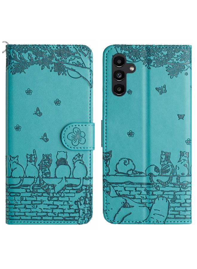 اس-توب جراب لهاتف Samsung Galaxy A35 مصنوع من الجلد بنقشة قطة مع حبل تعليق - Image 1