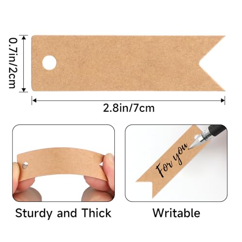 G2PLUS 100PCS Mini Kraft Paper Gift Tags with String, 2.8 x 0.8 in Blank Paper Present Tags, Brown Hang Tags with Jute Twine for DIY Arts & Crafts, Businesses, Wedding, Christmas Party Favors - Image 2