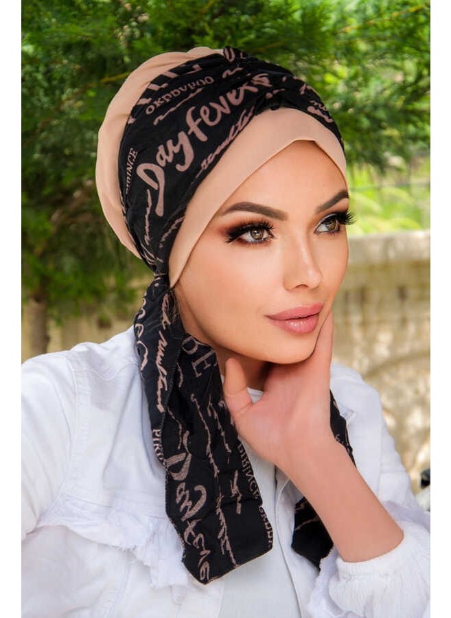 Aişe Tesettür Aisha Hijab Beige Black Writing Scarf BONE-40602  - Image 1