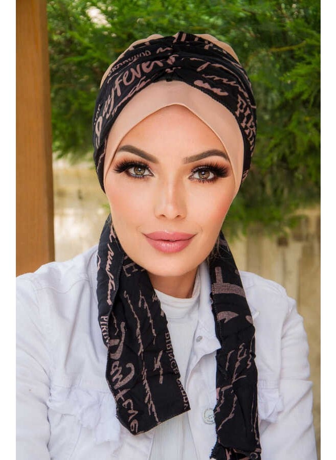Aişe Tesettür Aisha Hijab Beige Black Writing Scarf BONE-40602  - Image 2