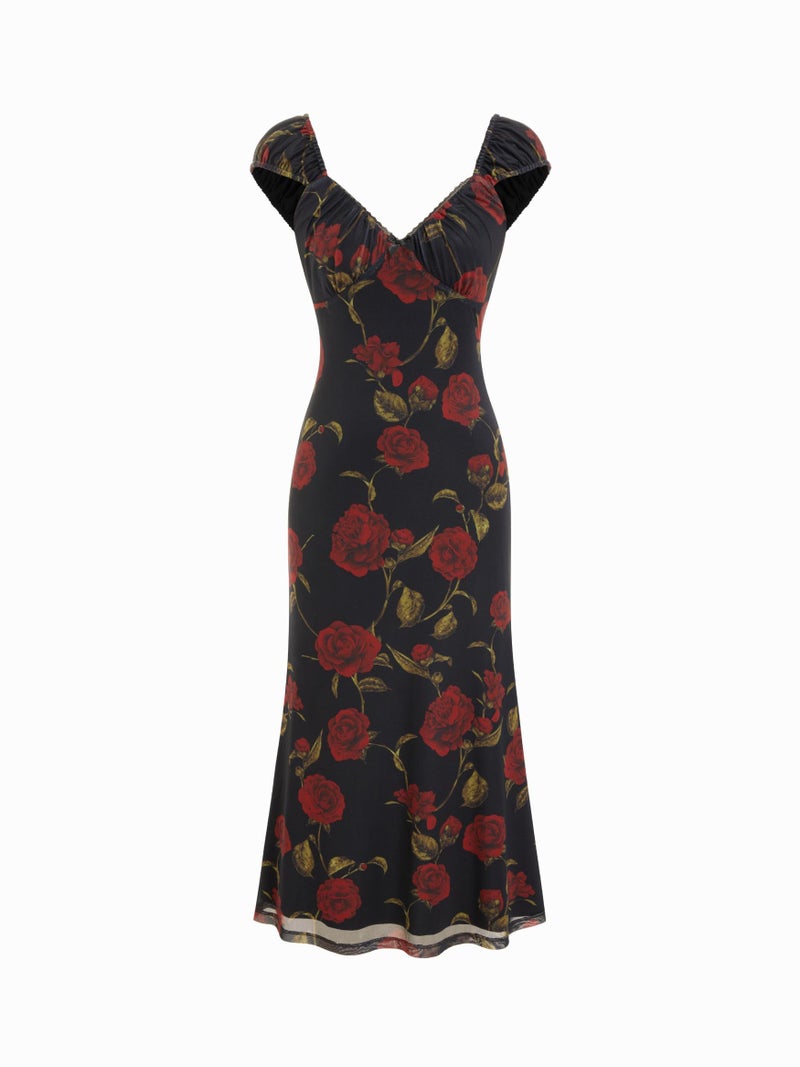 CIDER Women's Floral Midi Dress Short Sleeve Ruffle Summer Casual Summer Vacation Outfit: Black, XL - Image 1