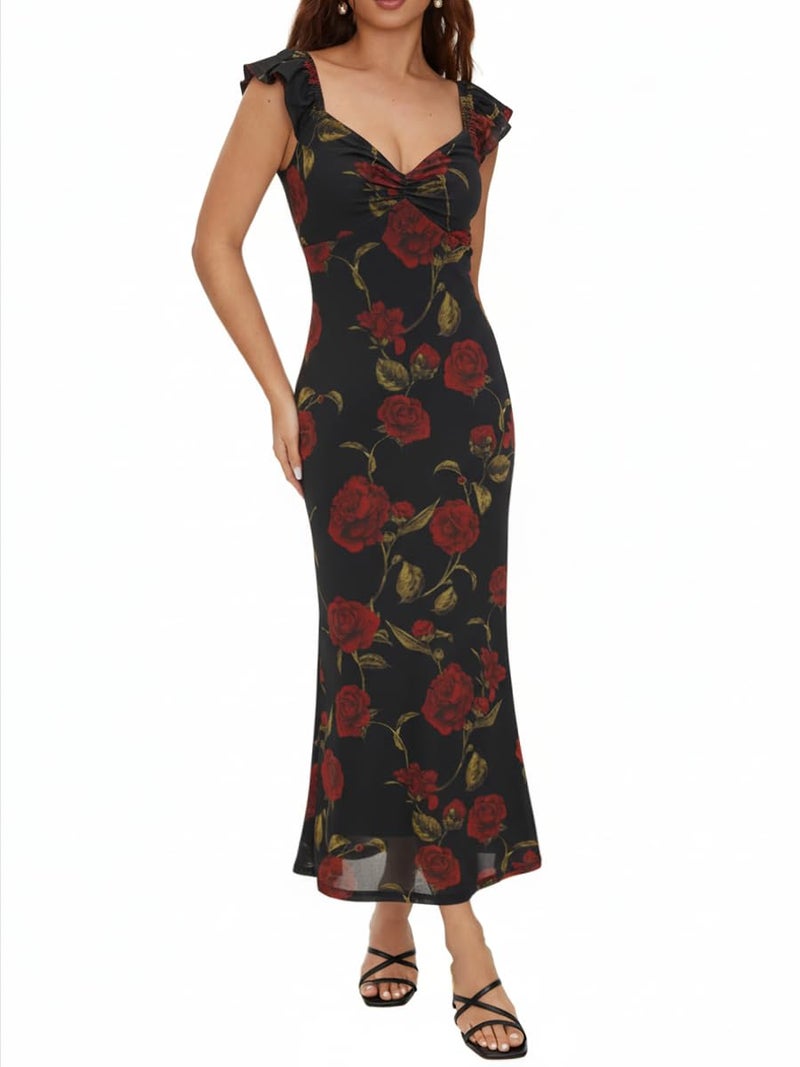 CIDER Women's Floral Midi Dress Short Sleeve Ruffle Summer Casual Summer Vacation Outfit: Black, XL - Image 2