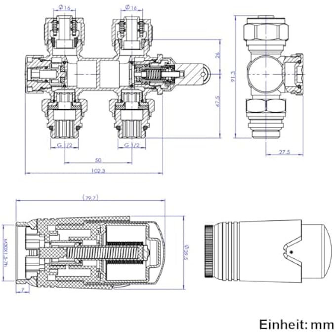 VALVE FITTINGS VALVE TAP BLOCK SET WITH THERMOSTAT ANTHRACITE, TAP BLOCK HEATING ACCESSORIES CORNER AND PASSAGE SHAPE, 7 ADJUSTABLE GEARS, 16 X G1/2 INCH (2 PIECES, ANTHRACITE) - Image 3