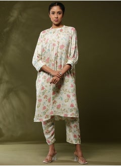 Close neck floral 2pc kurta set-offwhite