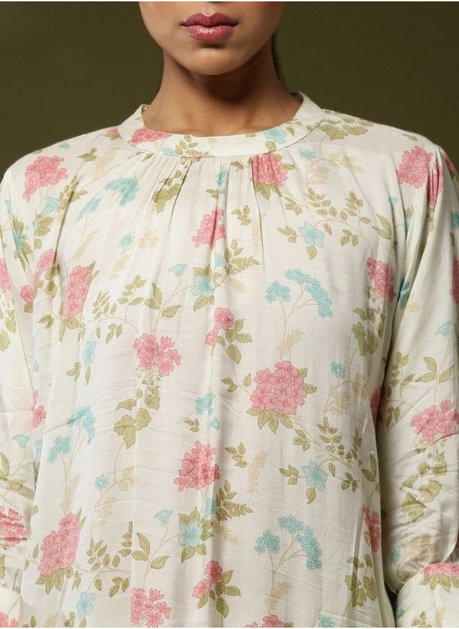 Abhishti - Close neck floral 2pc kurta set-offwhite - Image 1