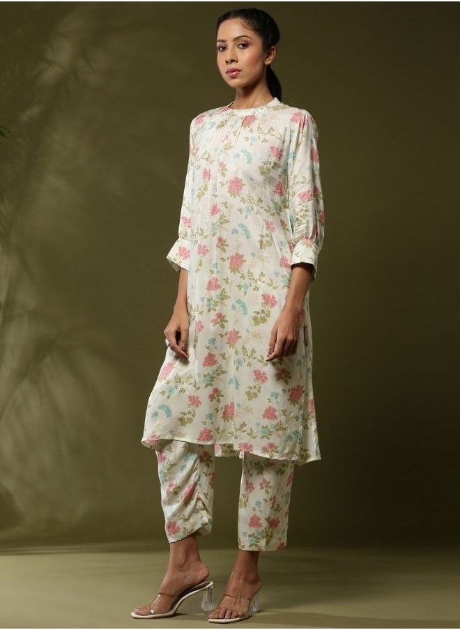 Abhishti - Close neck floral 2pc kurta set-offwhite - Image 1