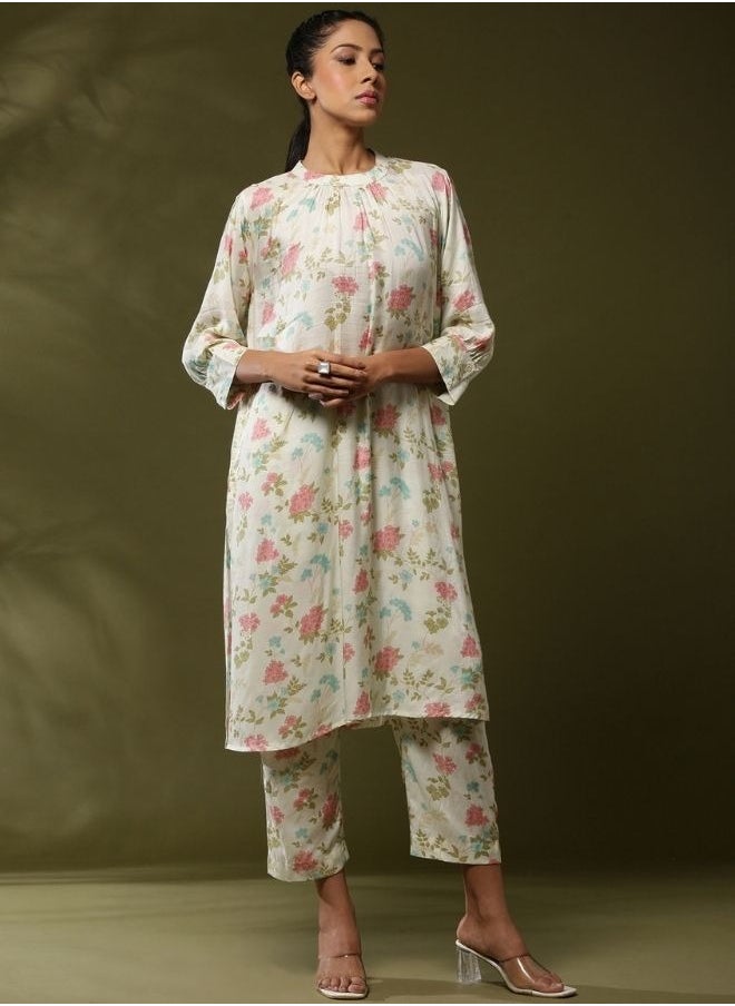 Abhishti - Close neck floral 2pc kurta set-offwhite - Image 1