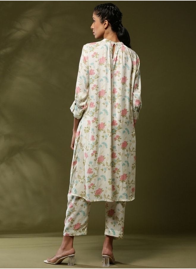 Abhishti - Close neck floral 2pc kurta set-offwhite - Image 1
