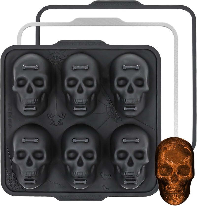 FUNBAKY Skull Baking Pan, Metal Reinforced Frame Silicone Skull Cake Mold - Halloween Nonstick Large Molds for Baking with Handle, Easy to Move Oven 1 Pack - Image 1