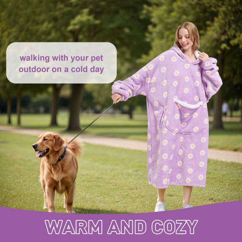 Fiosnow Wearable Blanket Gift for Women & Men Sherpa Flannel Blanket Hoodie Long Warm and Cozy Blanket with Giant Pocketï¼ŒDaisy - Image 2
