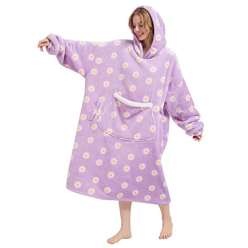 Fiosnow Wearable Blanket Gift for Women & Men Sherpa Flannel Blanket Hoodie Long Warm and Cozy Blanket with Giant Pocketï¼ŒDaisy - Image 1