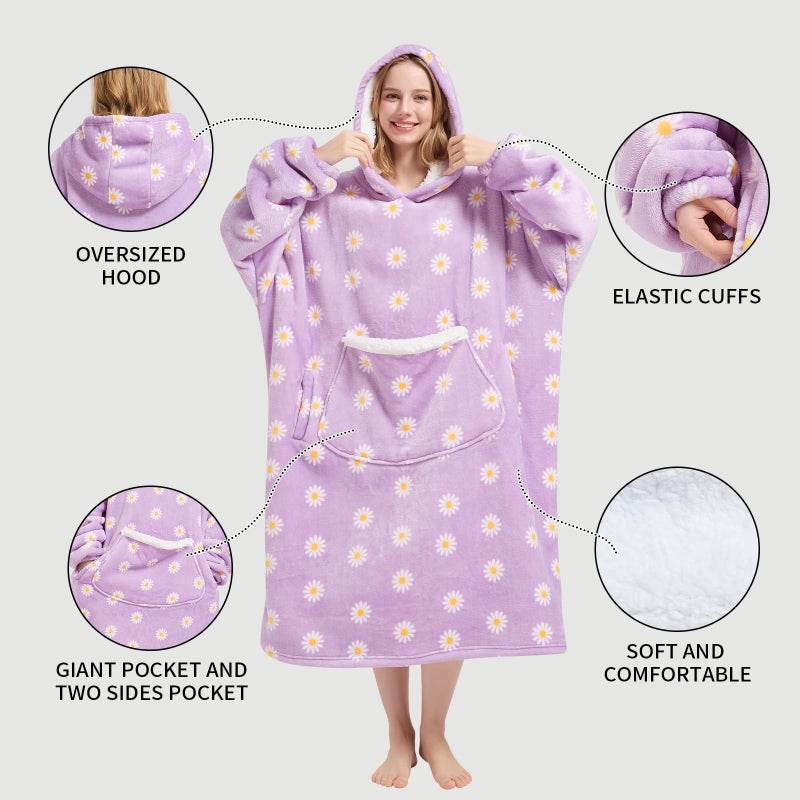 Fiosnow Wearable Blanket Gift for Women & Men Sherpa Flannel Blanket Hoodie Long Warm and Cozy Blanket with Giant Pocketï¼ŒDaisy - Image 3