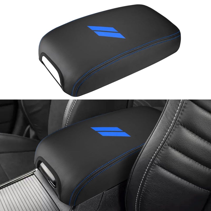 INTGET Car Center Console Cover for 2022 2021 Dodge Charger Accessories 2020 2019 2018 2017 2016 2015 Leather Armrest Cover Console Lid Protector Cushion Pad Light Blue Stitches Leather