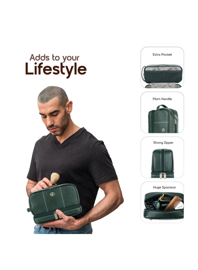 HAMMONDS FLYCATCHER Leather Toiletry Bag for Men and Women Cosmetic Organizer Bag, Travel Organizer Pouch, Shaving Kit Bag for Men Toiletry Pouch for Men with Multiple Pockets - Green - Image 3
