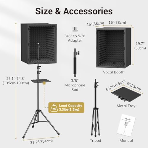 TONOR Personal Vocal Booth, Microphone Isolation Shield for Studio, Framed Acoustic Foam Box, Sound Absorbing, for Professional Recording, Podcast, Singing, Adjustable Height, Max 190 cm/53.1inch - Image 4
