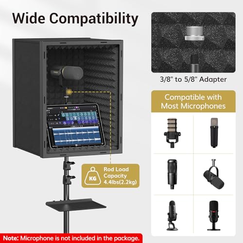 TONOR Personal Vocal Booth, Microphone Isolation Shield for Studio, Framed Acoustic Foam Box, Sound Absorbing, for Professional Recording, Podcast, Singing, Adjustable Height, Max 190 cm/53.1inch - Image 5