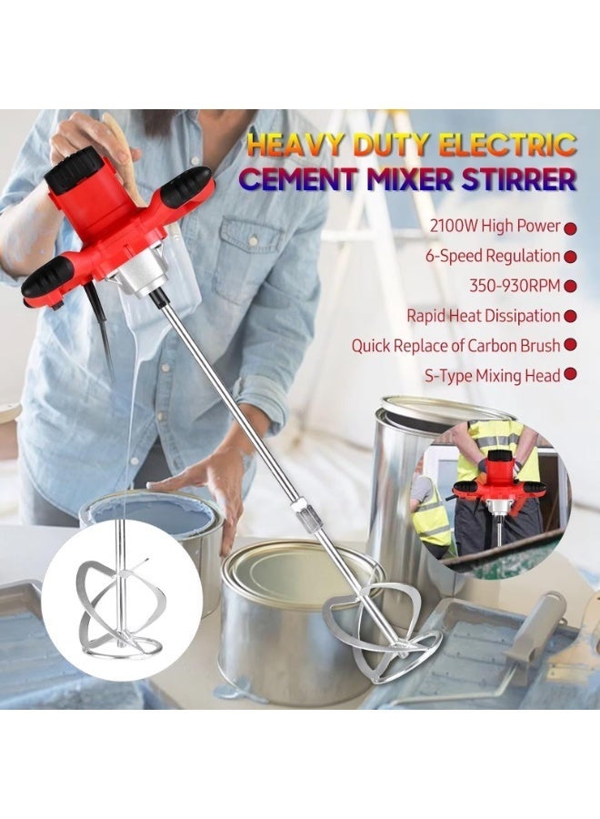 والالا خلاطة أسمنت كهربائية محمولة باليد، أداة خلط الخرسانة بقوة 2100 وات مع 6 سرعات قابلة للتعديل للطلاء والملاط والجدران الجافة والطين والجص، علف، أحمر - Image 2