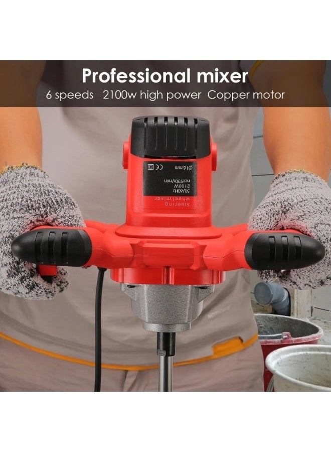 والالا خلاطة أسمنت كهربائية محمولة باليد، أداة خلط الخرسانة بقوة 2100 وات مع 6 سرعات قابلة للتعديل للطلاء والملاط والجدران الجافة والطين والجص، علف، أحمر - Image 3