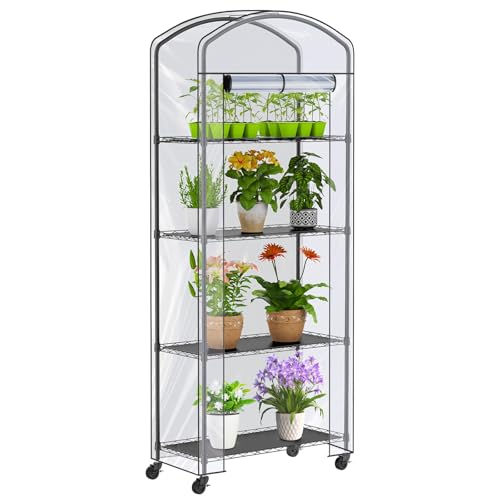 Abimars 4-Tier Greenhouse with Wheels, Height-Adjustable Shelves Metal Plant Shelf with PVC Cover for Seed Starting Trays, Seedling Pots, Plant Pots, 13x29x73inch - Image 1