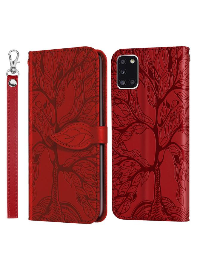 اس-توب جراب لهاتف Samsung Galaxy A31 من الجلد بتصميم شجرة الحياة مع حامل وفتحة للبطاقات ومحفظة وإطار للصور وحبل تعليق. - Image 1