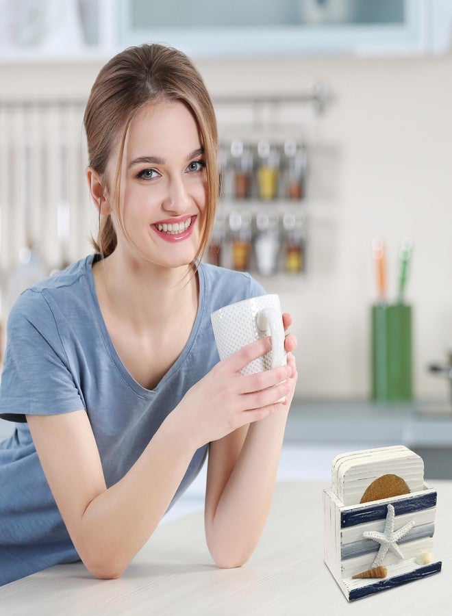 بازلد قواعد أكواب خشبية مخططة باللونين الأبيض والأزرق بتصميم بحري - ديكور خشبي ساحلي للطاولة للمنزل والمطبخ والبار، هدايا مستوحاة من الشاطئ. طقم قواعد أكواب مربعة مكون من 4 قطع، قواعد أكواب مصنوعة يدويًا مع حامل. - Image 4