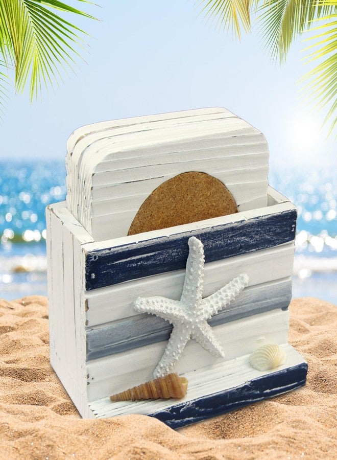 بازلد قواعد أكواب خشبية مخططة باللونين الأبيض والأزرق بتصميم بحري - ديكور خشبي ساحلي للطاولة للمنزل والمطبخ والبار، هدايا مستوحاة من الشاطئ. طقم قواعد أكواب مربعة مكون من 4 قطع، قواعد أكواب مصنوعة يدويًا مع حامل. - Image 5