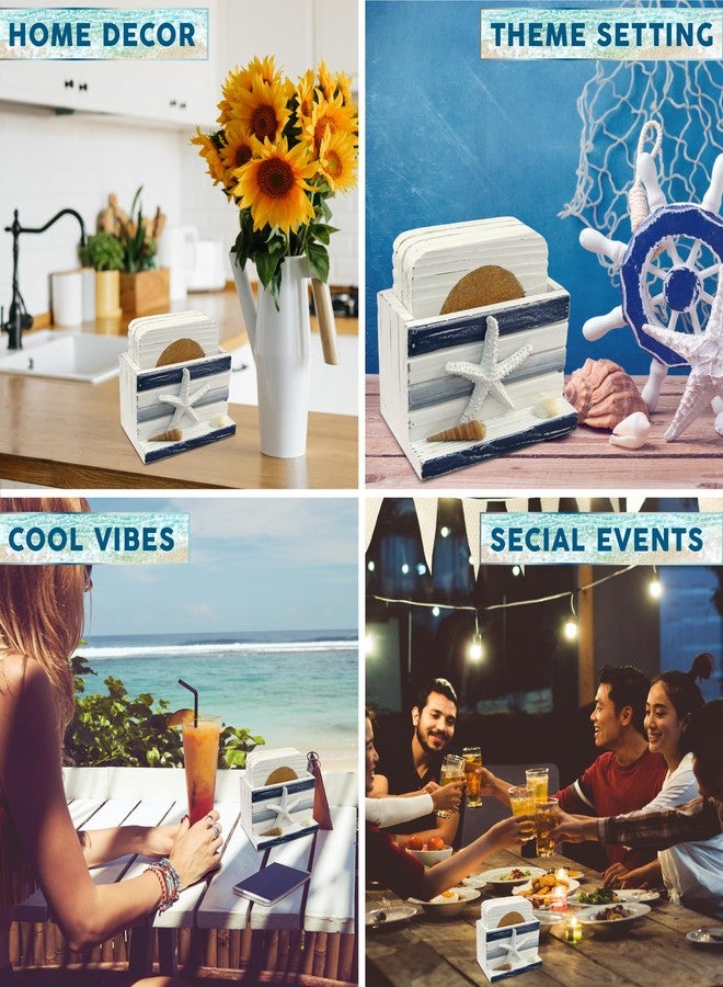 بازلد قواعد أكواب خشبية مخططة باللونين الأبيض والأزرق بتصميم بحري - ديكور خشبي ساحلي للطاولة للمنزل والمطبخ والبار، هدايا مستوحاة من الشاطئ. طقم قواعد أكواب مربعة مكون من 4 قطع، قواعد أكواب مصنوعة يدويًا مع حامل. - Image 3