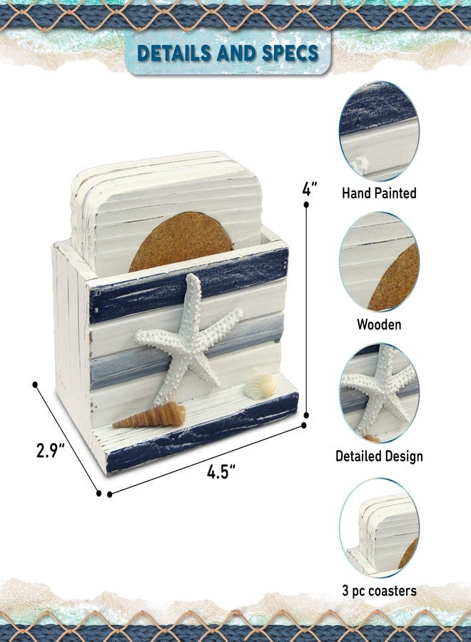 بازلد قواعد أكواب خشبية مخططة باللونين الأبيض والأزرق بتصميم بحري - ديكور خشبي ساحلي للطاولة للمنزل والمطبخ والبار، هدايا مستوحاة من الشاطئ. طقم قواعد أكواب مربعة مكون من 4 قطع، قواعد أكواب مصنوعة يدويًا مع حامل. - Image 2