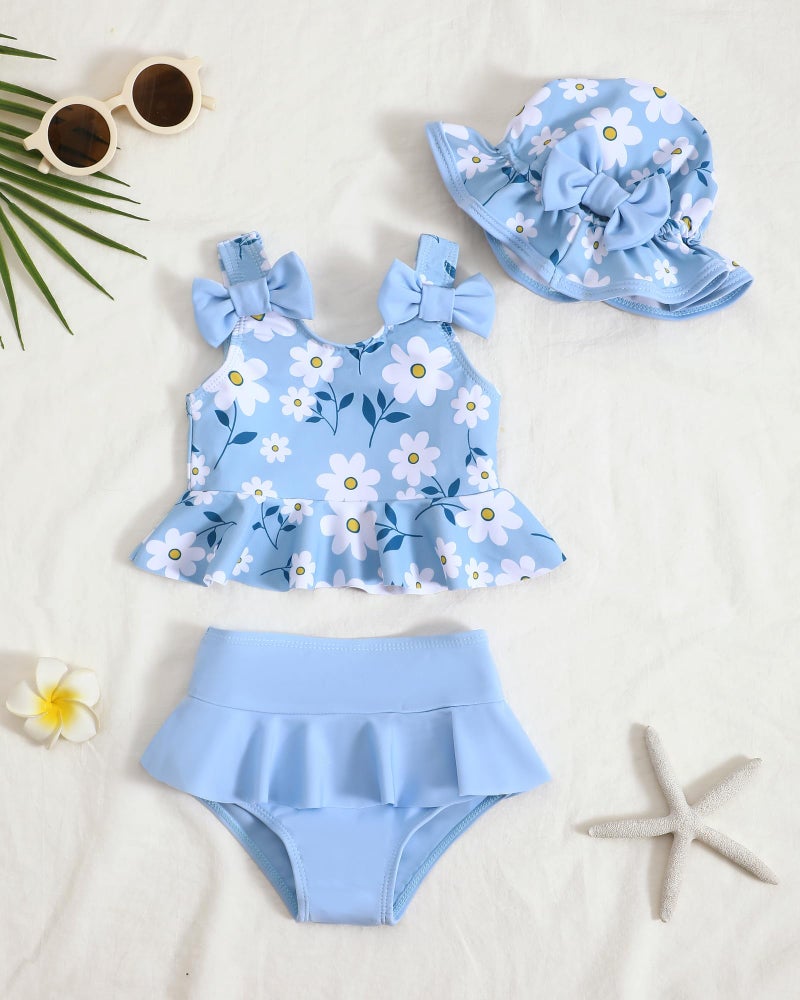 Mioglrie Baby Girl Swimsuit 6-9 9-12 Months Baby Bathing Suit Girl Blue Dasiy Bikini Summer Beach Swimwear Infant Tankini Hat Set 6-12 Months - Image 2