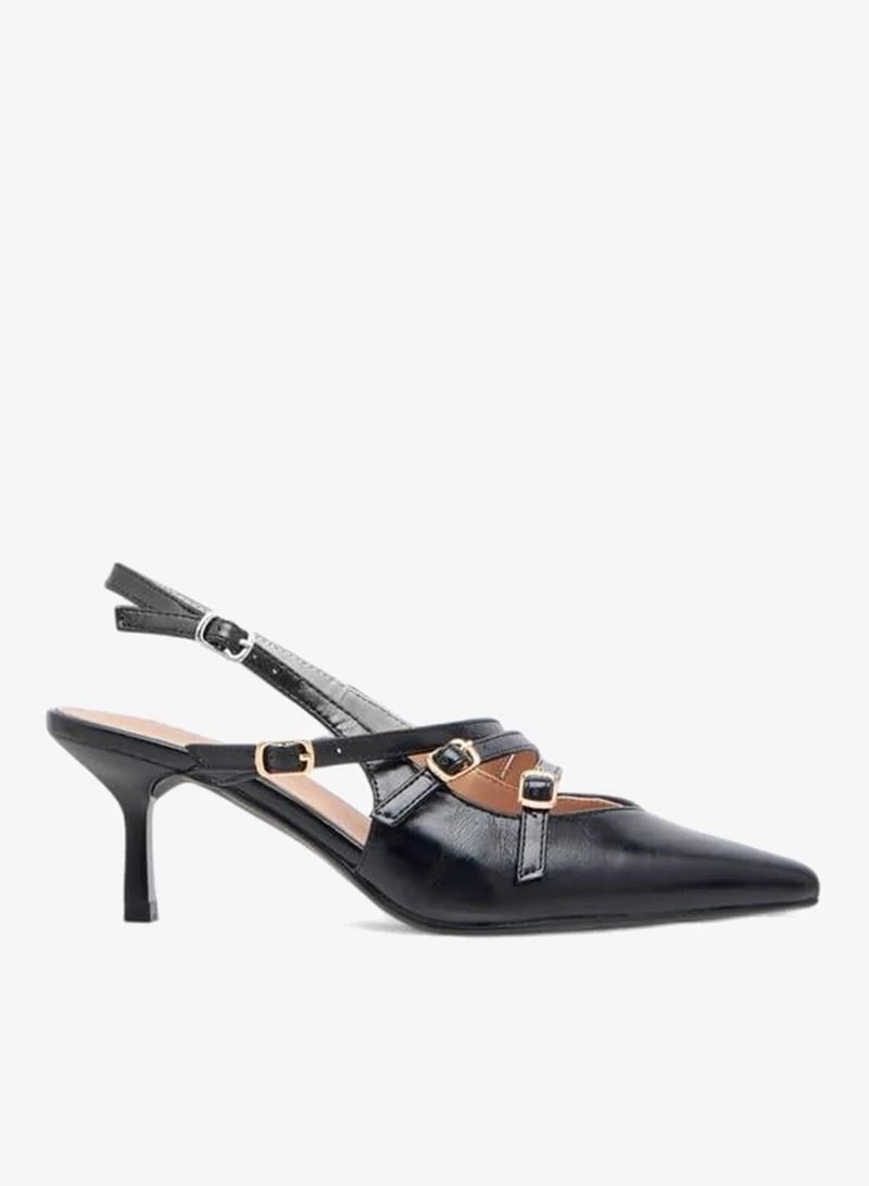 Celeste Women's Pointed Toe Sandals with Kitten Heels and Pin Buckle Closure