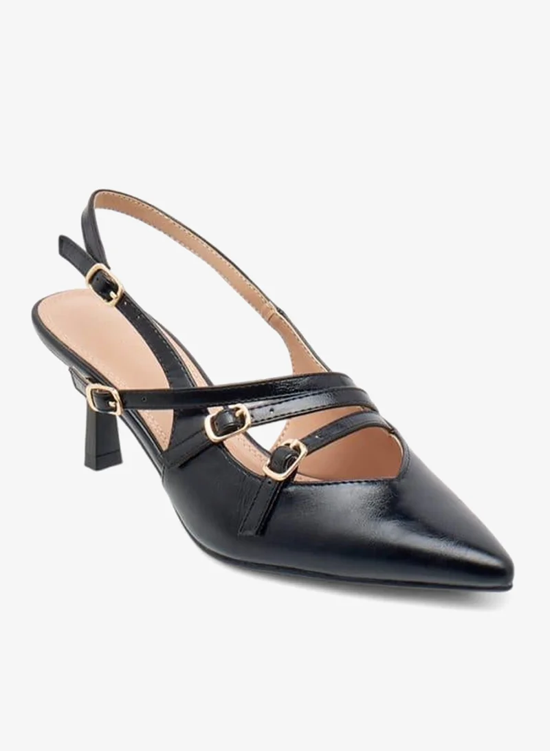 Celeste Women's Pointed Toe Sandals with Kitten Heels and Pin Buckle Closure