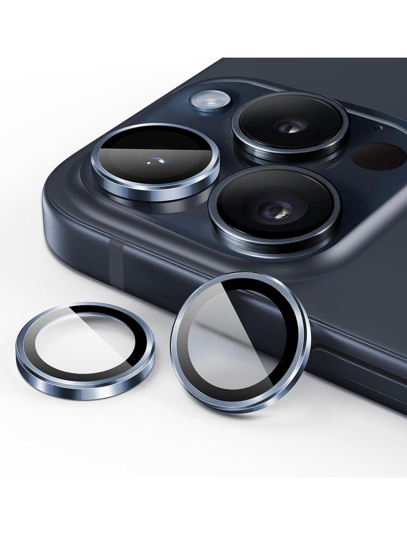 Camera Lens Protector for iPhone 15 Pro 6.1-Inch and iPhone 15 Pro Max 6.7-Inch, 9H Tempered Glass Metal Individual Ring Cover, HD Clear, 3-Pack (Blue) - Image 1