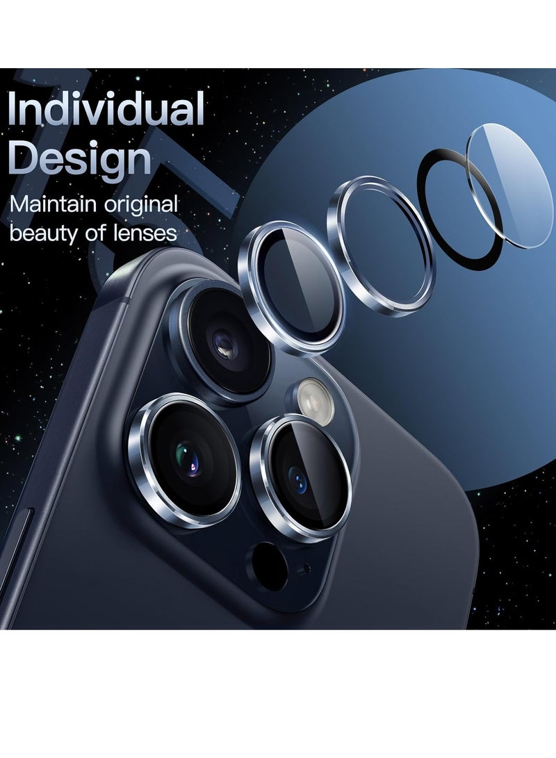 Camera Lens Protector for iPhone 15 Pro 6.1-Inch and iPhone 15 Pro Max 6.7-Inch, 9H Tempered Glass Metal Individual Ring Cover, HD Clear, 3-Pack (Blue) - Image 2