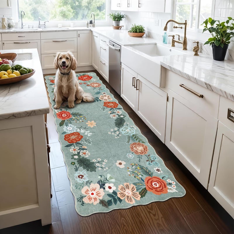 Homcomoda Runners for Hallways, 3x6 Runner Rug Non Slip with Soft Low Pile, Boho Floral Runner for Kitchen, Living Room, Entryway, Bedroom, Bathroom, Kid & Pet Friendly, Green - Image 1