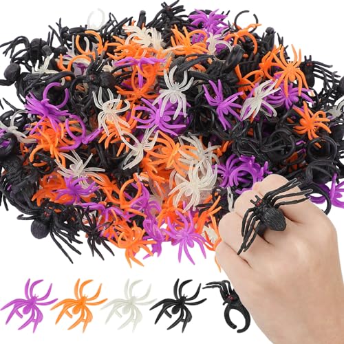 Equsion 248 Pcs Halloween Spider Rings Bulk for Party Favors Glow in the Dark Plastic Spider Rings for Cupcake Topper Halloween Trick or Treat Party Favors Prank Gifts - Image 1