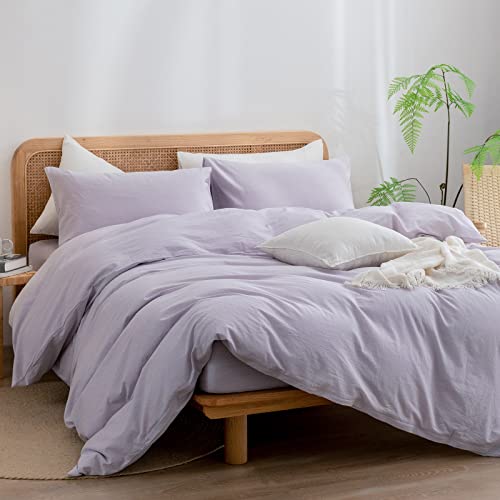 BESTOUCH Duvet Cover Set 100% Washed Cotton Linen Feel Super Soft Comfortable Chic Lightweight 3 PCs Home Bedding Set Solid Taro Purple Queen - Image 4