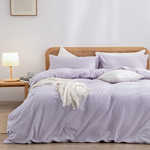 BESTOUCH Duvet Cover Set 100% Washed Cotton Linen Feel Super Soft Comfortable Chic Lightweight 3 PCs Home Bedding Set Solid Taro Purple Queen - Image 1