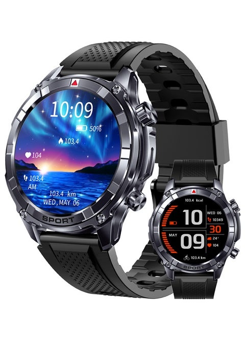 Rugged Smart Watch for Men- 1.52" Screen Bluetooth Call,Waterproof Fitness Watch with Health Monitor,Sport Tracker,Smartwatch for IOS/Android,Silcone Black