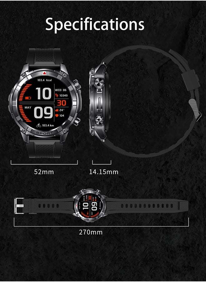 Rugged Smart Watch for Men- 1.52" Screen Bluetooth Call,Waterproof Fitness Watch with Health Monitor,Sport Tracker,Smartwatch for IOS/Android,Silcone Black