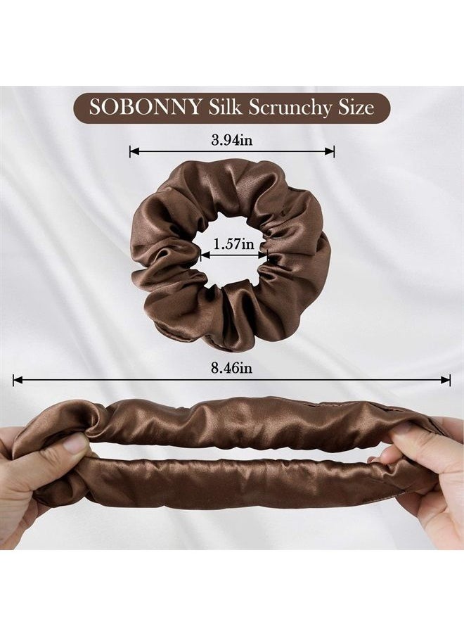 SOBONNY - Silk Scrunchies for Women 100% Mulberry Silk Hair Ties 3pack Silk Hair Scrunchies for Hair Sleep No Damage Elastic Hair Accessories Ponytail Holders(Brown, Black, Pink) - Image 1