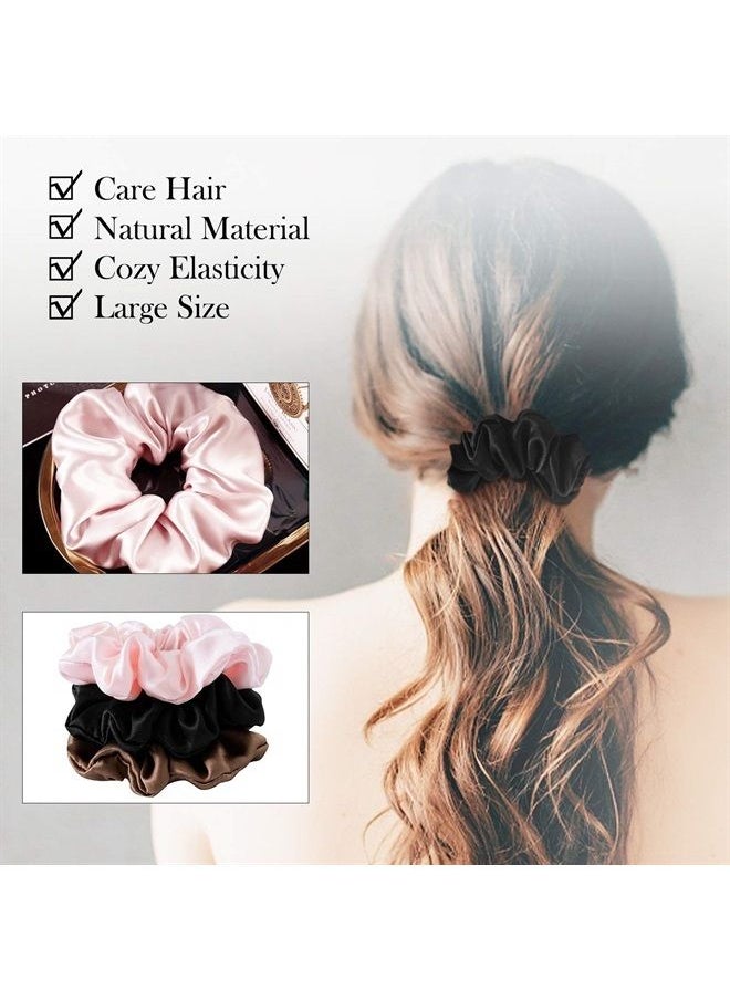 SOBONNY - Silk Scrunchies for Women 100% Mulberry Silk Hair Ties 3pack Silk Hair Scrunchies for Hair Sleep No Damage Elastic Hair Accessories Ponytail Holders(Brown, Black, Pink) - Image 1