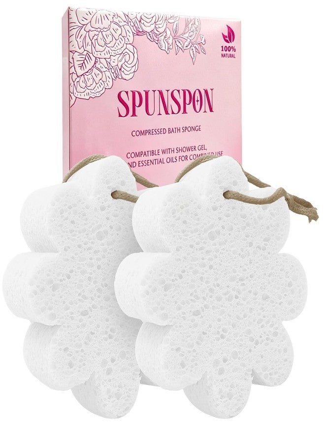 Spunspon Bath Sponge 2-Pack Shower Natural Cellulose Spa Sponges Body Scrubber with Gentle Exfoliation & Quick Lathering, Skin Massage, White Flower - Image 1