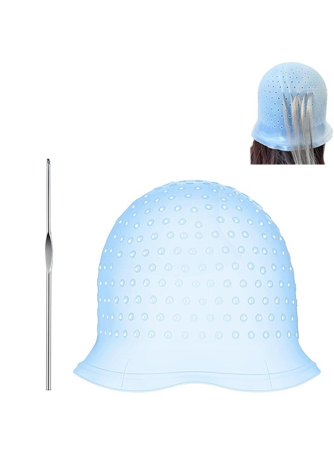 Highlighting Cap With Holes Already In Silicone Reusable Highlighting Cap Hair Dye Cap With Holes Tipping Caps Hair Salon Hairdressing Highlight Cap And Hook Kit (Blue) - Image 1